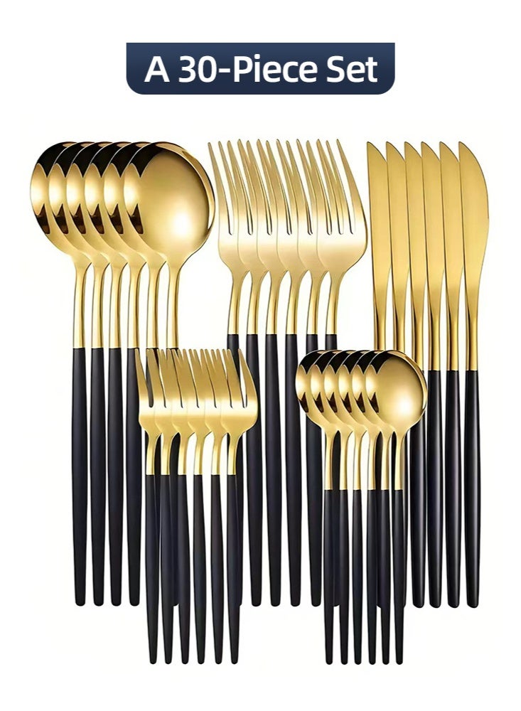 30 قطعة مجموعة أدوات مائدة من الفولاذ المقاوم للصدأ، مجموعة أدوات المطبخ، أطباق غربية خالية من الملمس السطحي، مناسبة للمطبخ المنزلي أو المطعم، أسود ذهبي - Image 1